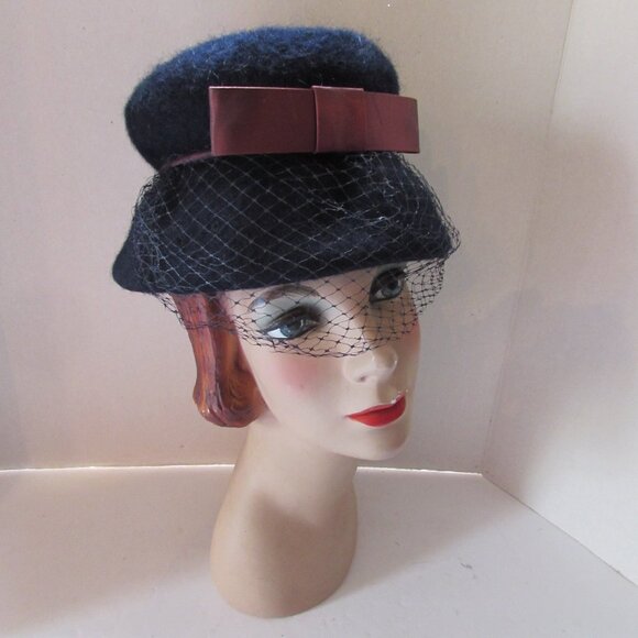 SALE  Vintage Hat  Bucket or Lampshade Style Navy Felt Burgundy Bow main image 12